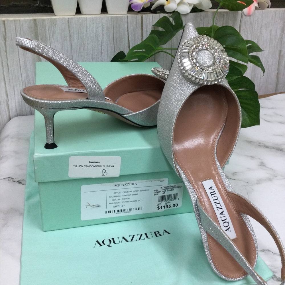 NWT Aquazzura Silver Glitter Slingback Heels with Crystal Accent